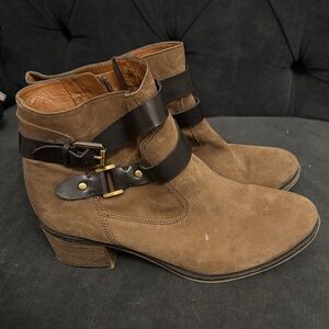 Franco Sarto Tan Suede Ankle Boots with Dark Brown Buckle Straps